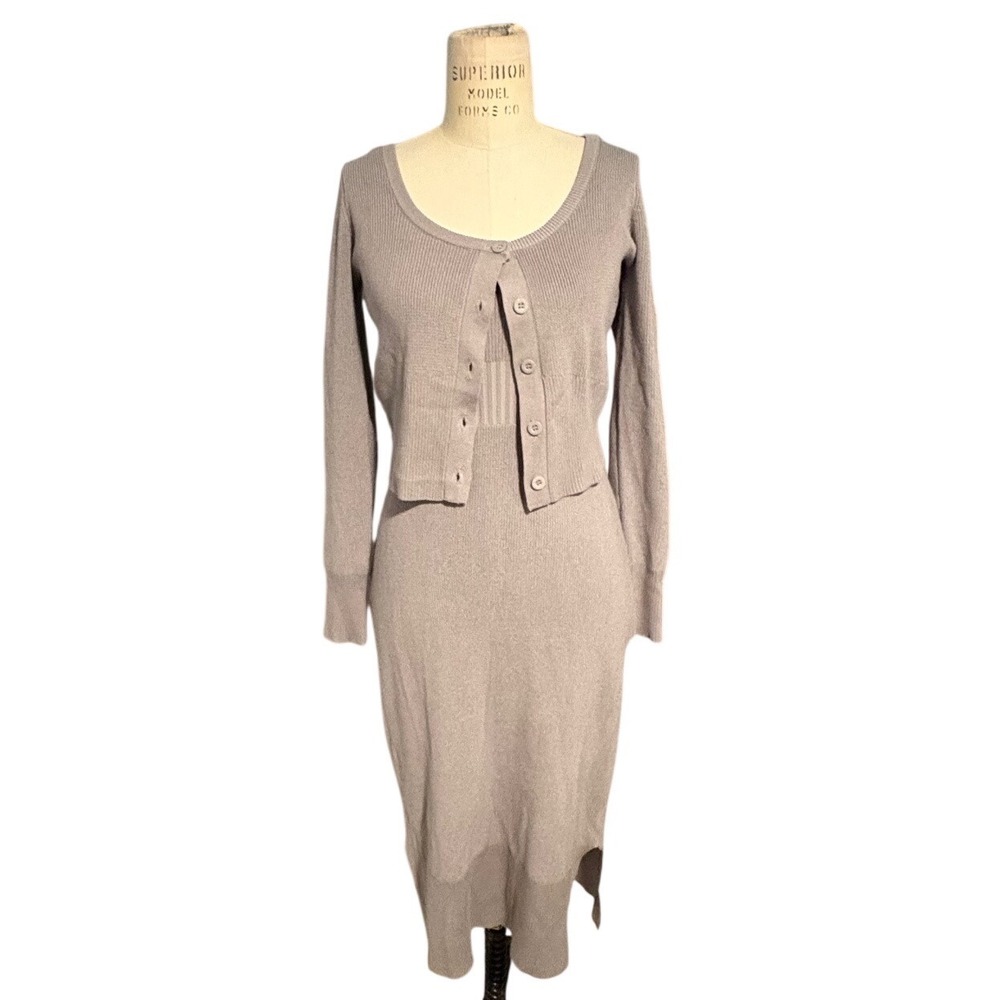 Freshman 1996 Womens Ribbed Knit Midi Dress and Cardigan Set Mauve Taupe Small